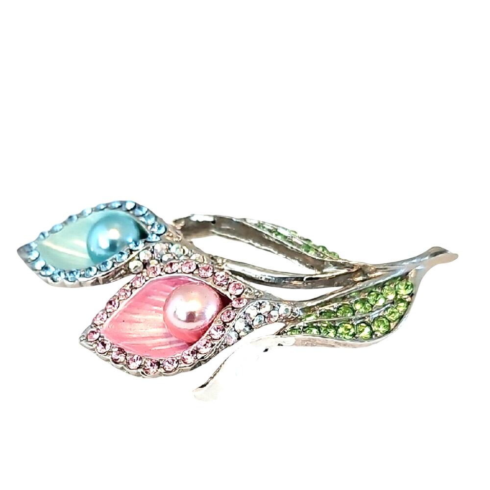 Vtg Gorgeous Chic Dual Bloom Brooch with Pink and Blue Pearls and Green Crystals - Picture 4 of 7